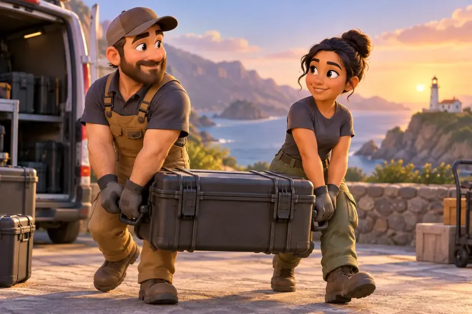 Two workers move a closed equipment case together.