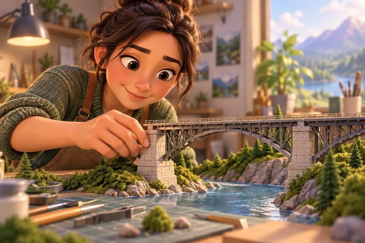 A person carefully adjusts a model bridge support.