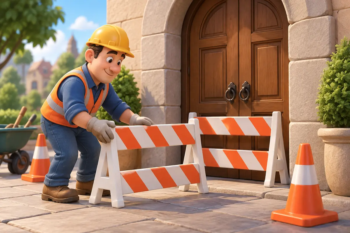 A worker places a barrier beside a blocked doorway.