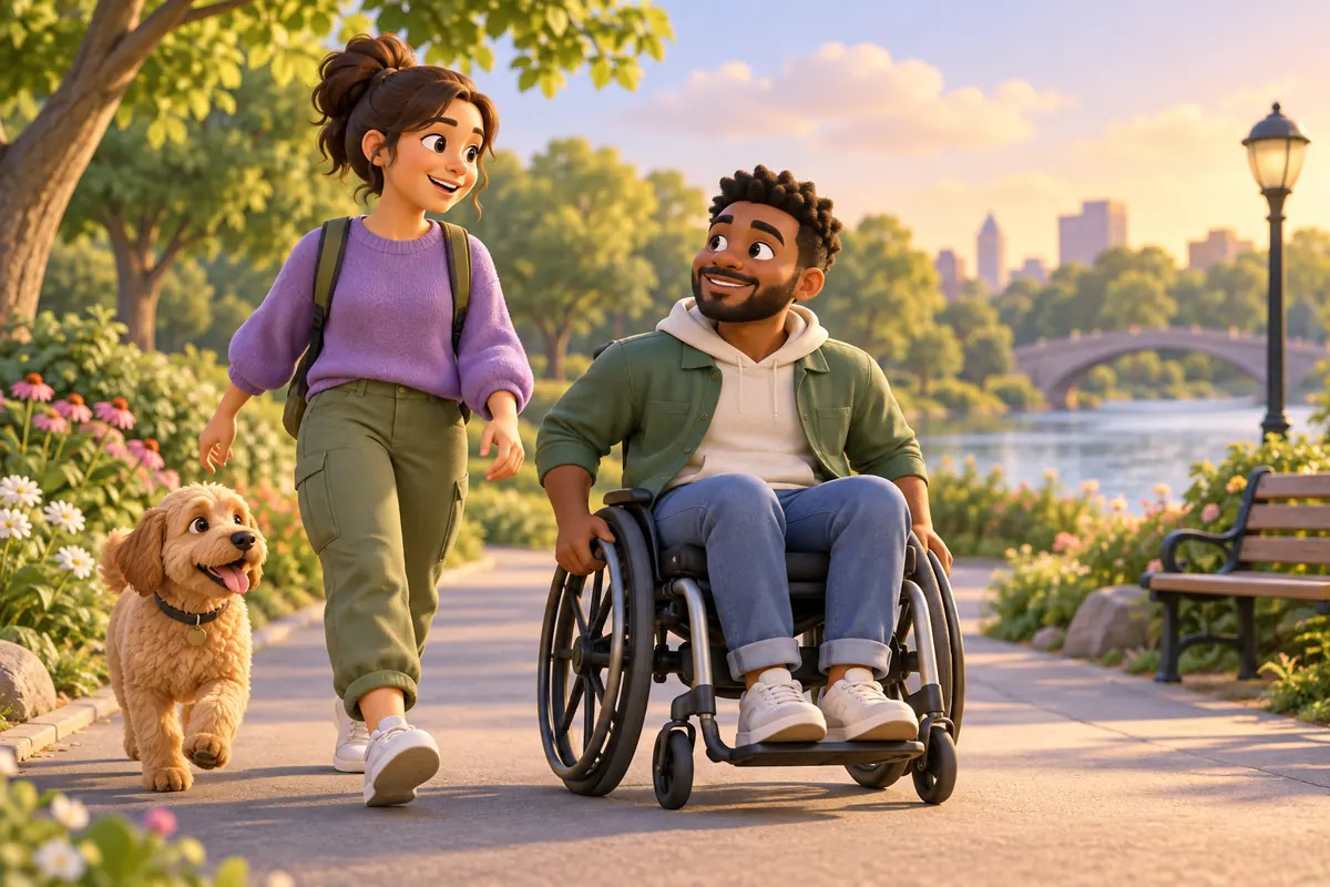 People move together along an accessible park path.