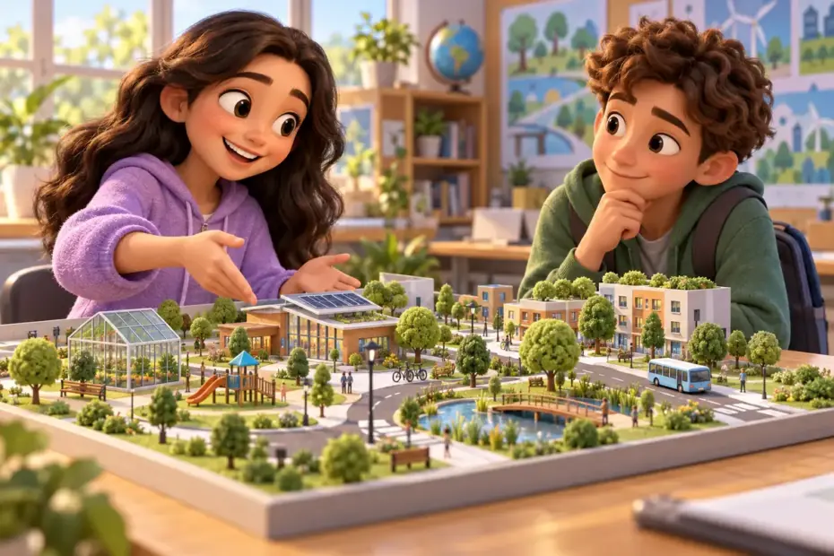 A student admires a carefully built community model while its creator explains the thoughtful details.