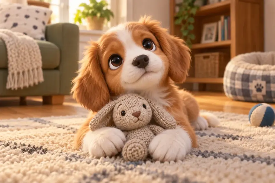A small puppy looks up while holding a soft knitted toy.
