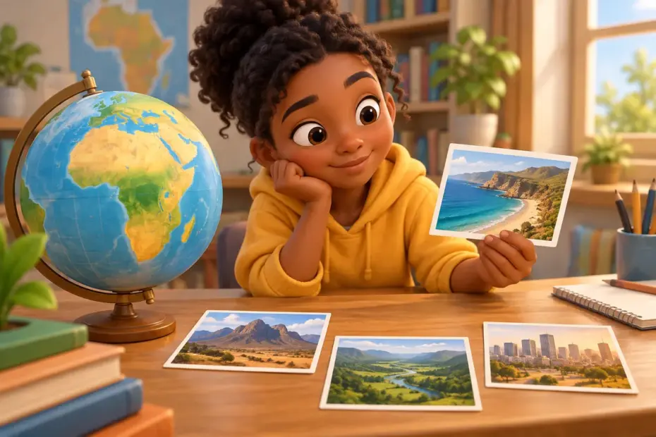 A student compares a globe and illustrated landscape cards while learning Africa-related adjectives.