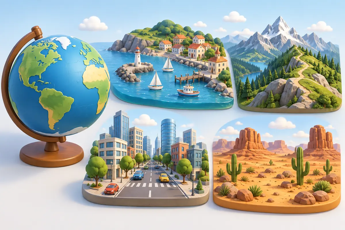 A globe beside regional landscape cards shows mountains, a coastline, a city, and a desert.
