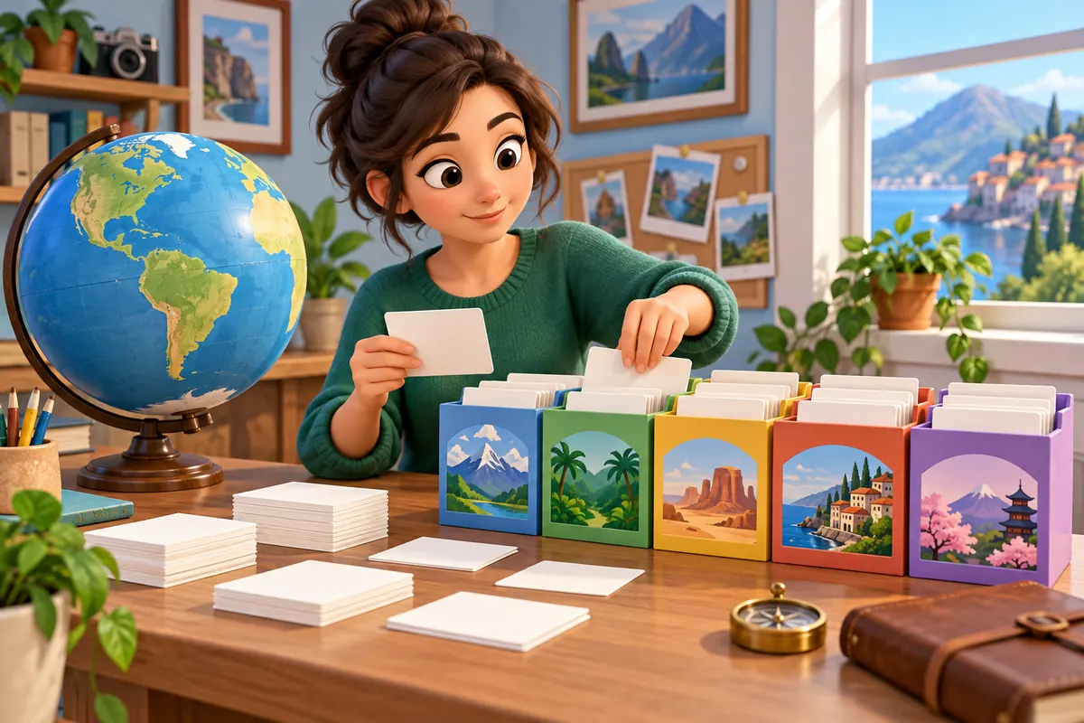 A writer labels a notebook with specific country and region names on blank cards.