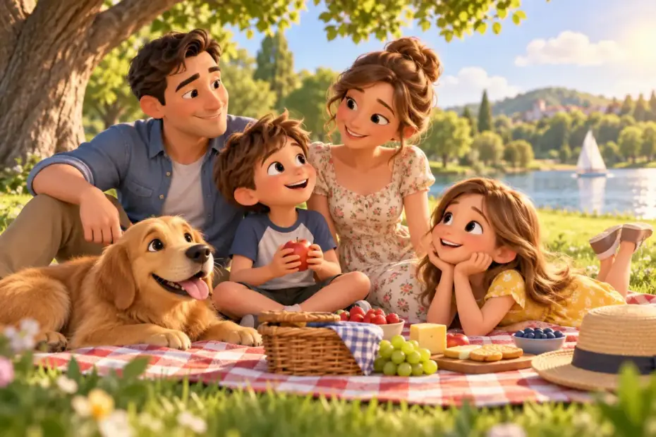 A sunlit park in the afternoon with warm light and a family on a picnic blanket.