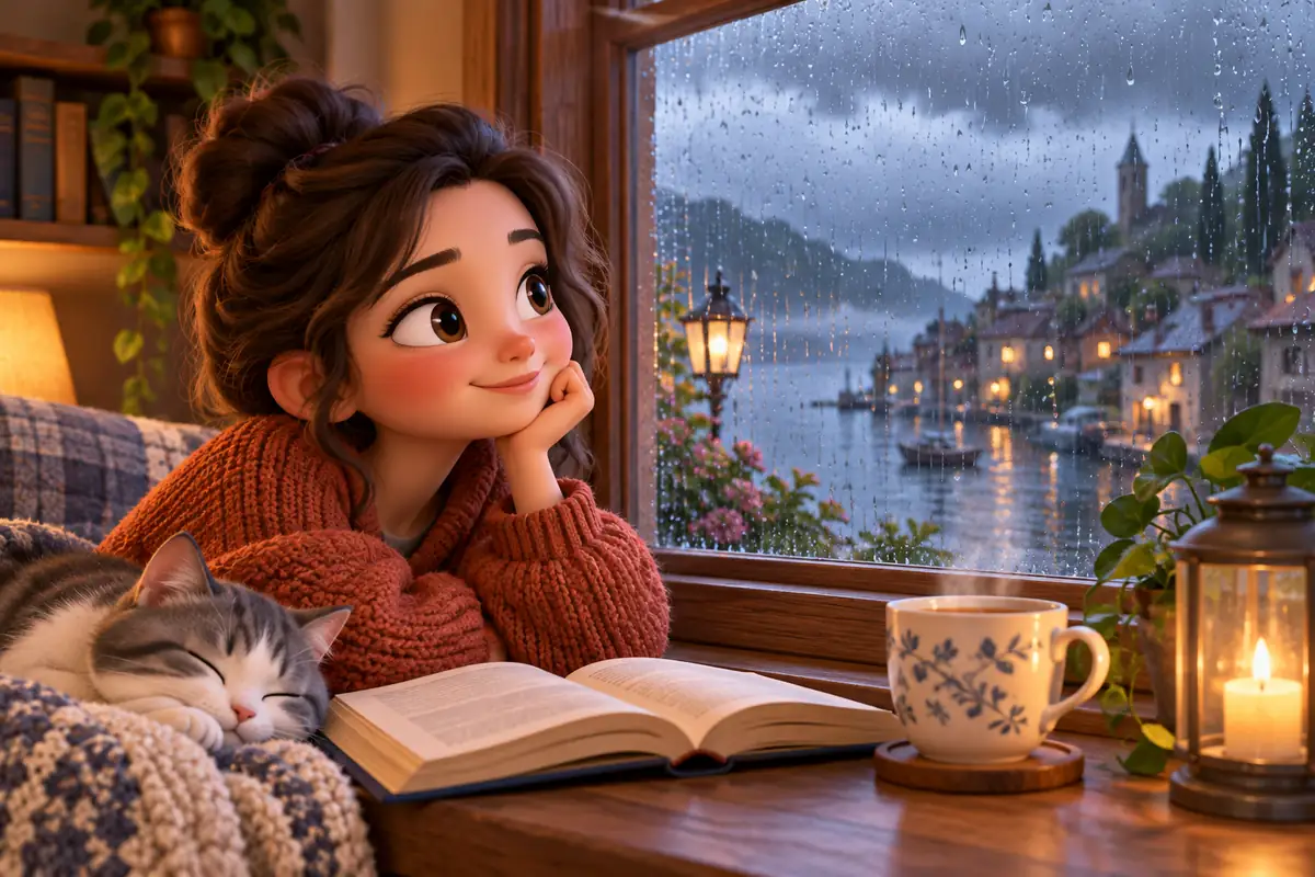 A rainy afternoon seen from a cozy window beside a book and teacup.