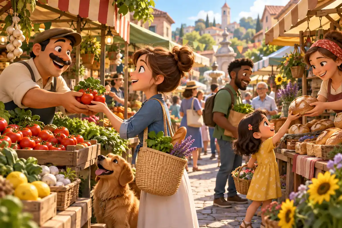 A busy afternoon market with shoppers and friendly vendors.