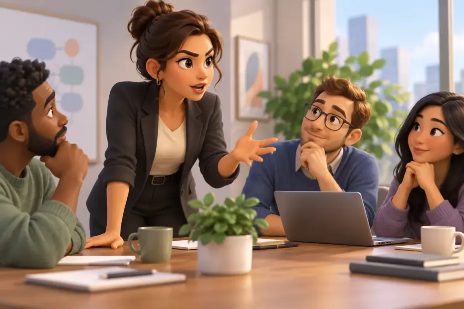 A colleague presents an idea confidently as teammates listen around a meeting table.