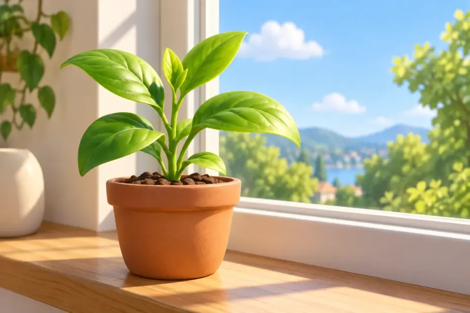A small green plant with fresh leaves grows beside a bright window.