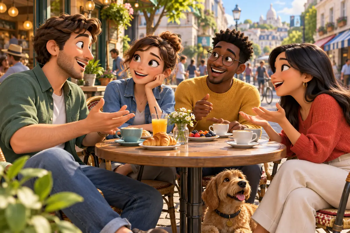 Friends share an animated conversation at an outdoor table in a busy neighborhood.