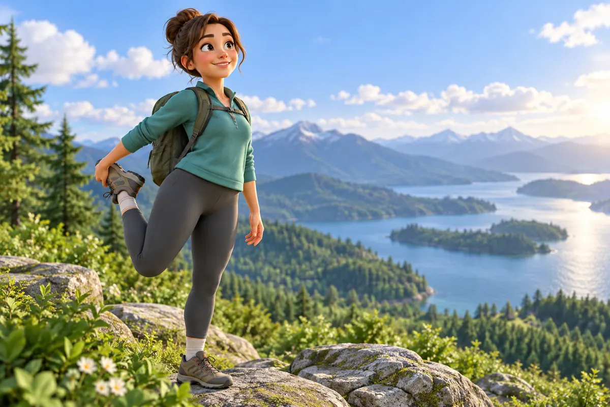A hiker stretches at a scenic overlook after a refreshing walk through a green trail.