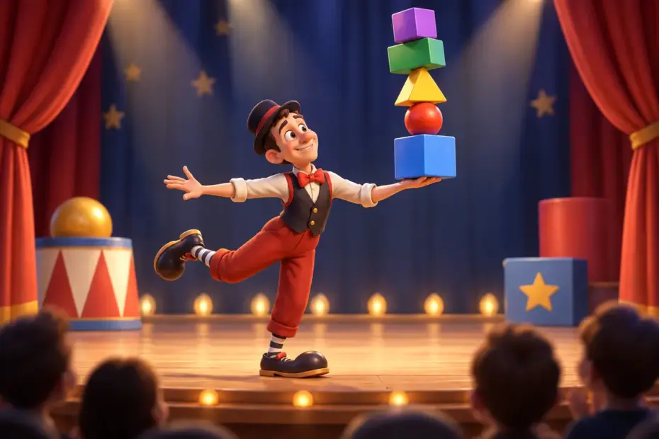A performer balances colorful geometric blocks on a stage.