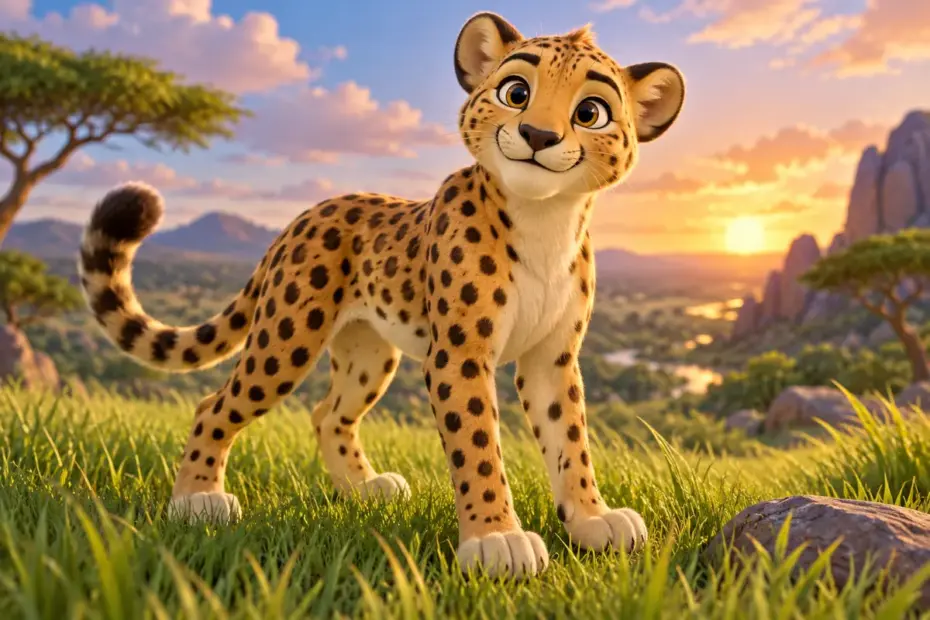 A furry animal with a spotted coat stands in grass.