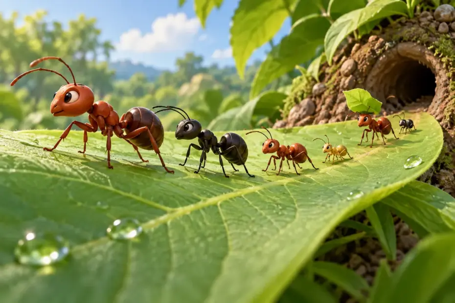 Several ants of different sizes=