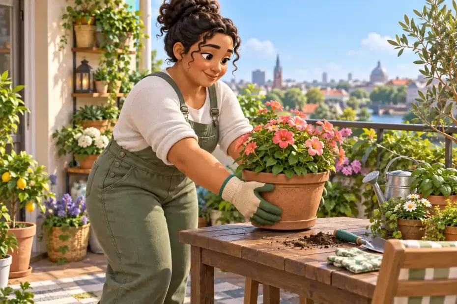 An adult carefully lifts a flowerpot with both arms while tending a balcony garden.