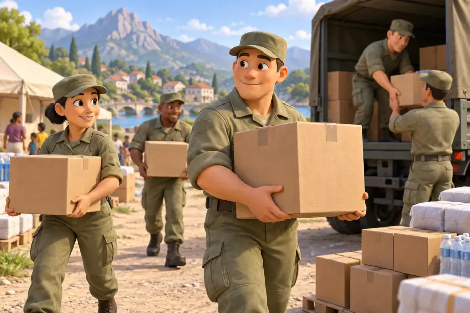 An organized group of soldiers carries supplies during a relief exercise.