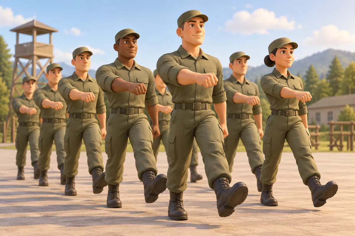 Soldiers practice coordinated movement on a training ground.