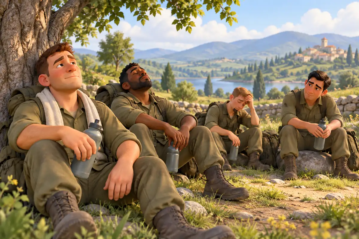 Soldiers rest with water bottles after a long march.
