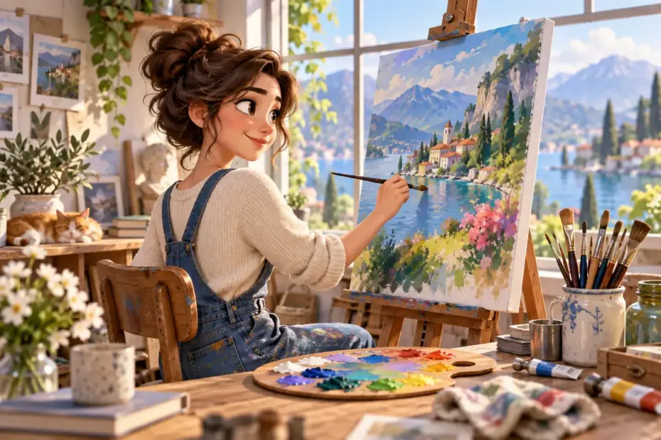 An artist paints a colorful landscape at a studio easel.