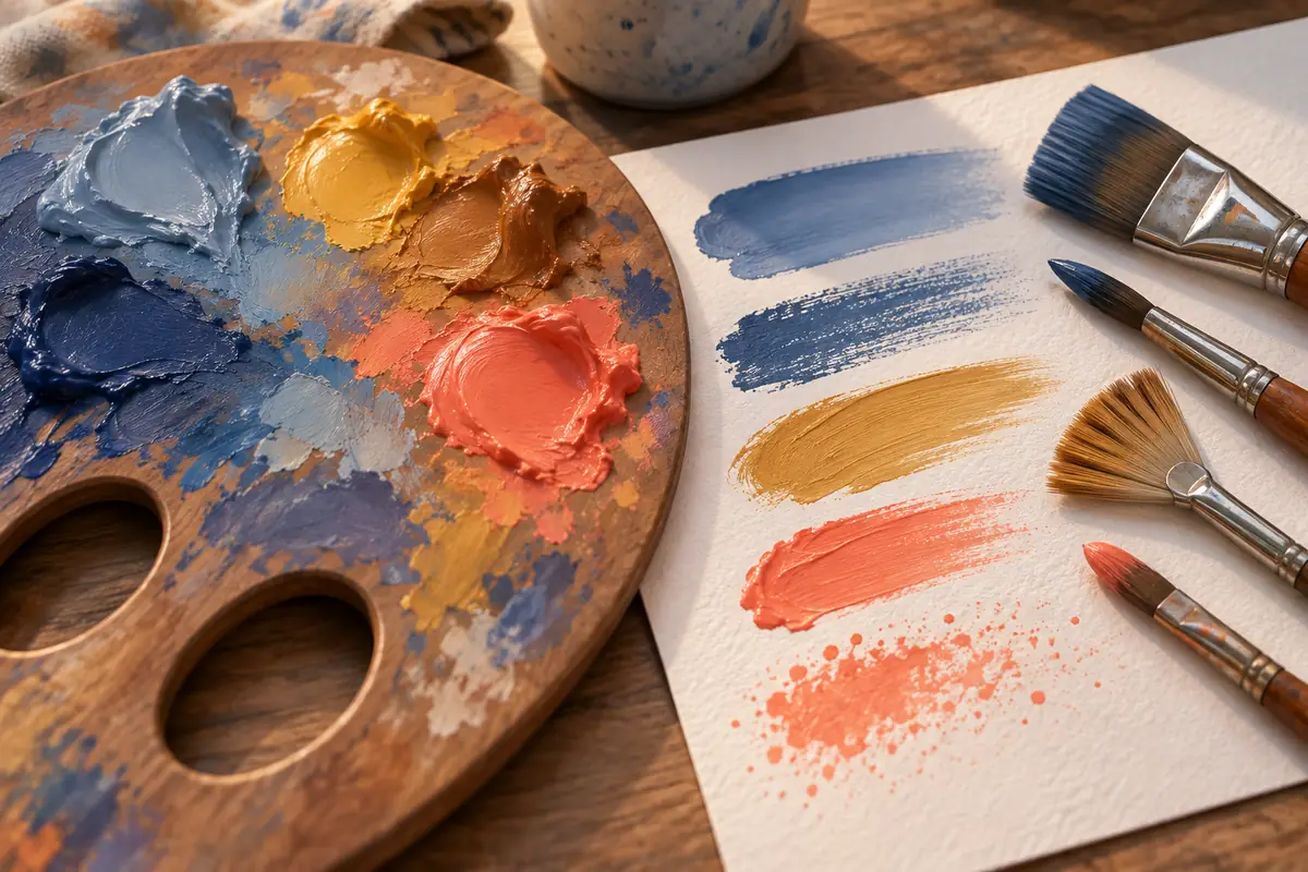 A palette and brush marks show contrasting colors and textures.