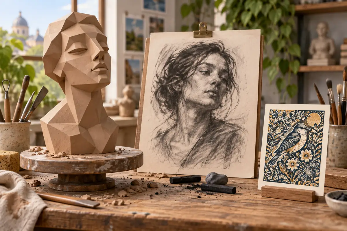 A studio table displays geometric, expressive, and intricately patterned artworks.