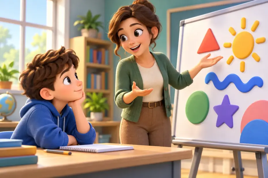 A student listens closely to a teacher while bright visual details draw the eye to the lesson.