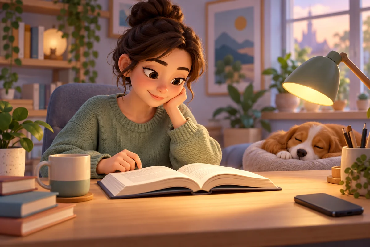 A reader concentrates on a book at a quiet desk while a phone rests out of reach.
