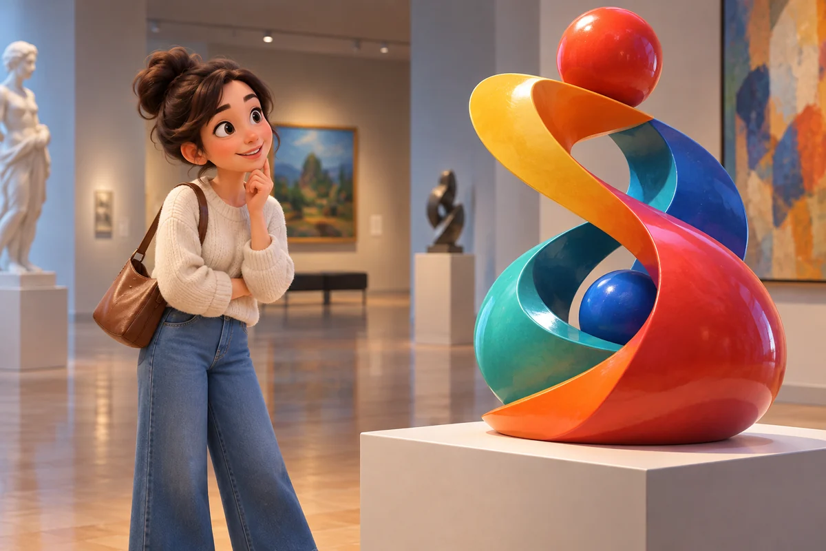 A colorful museum display catches a visitor’s eye as she pauses to examine it.