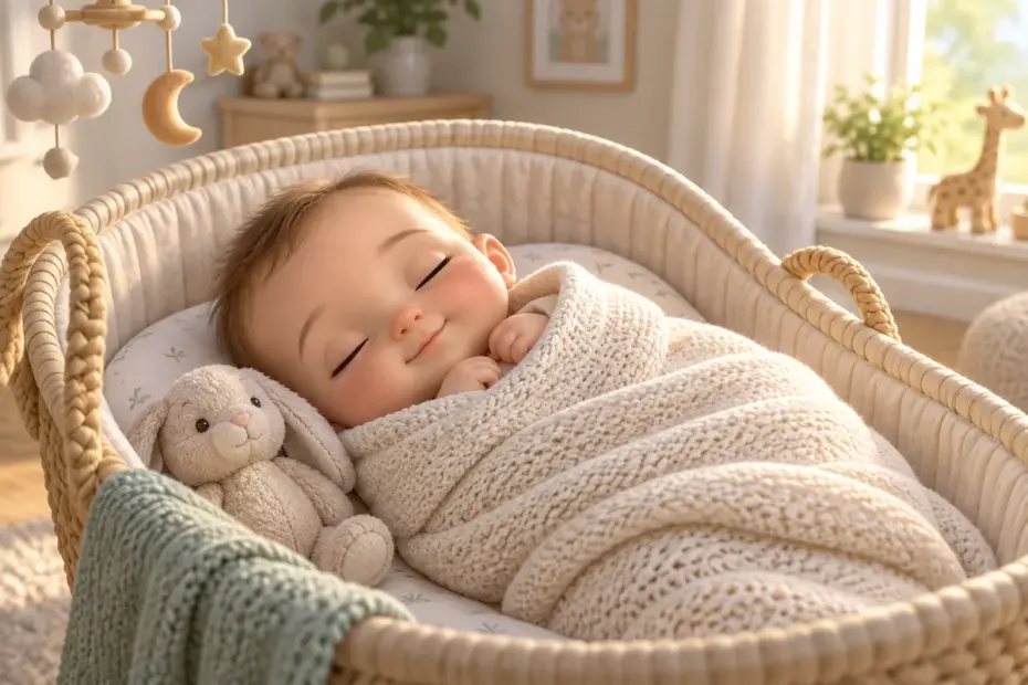 A sleeping baby rests in a soft knit blanket.