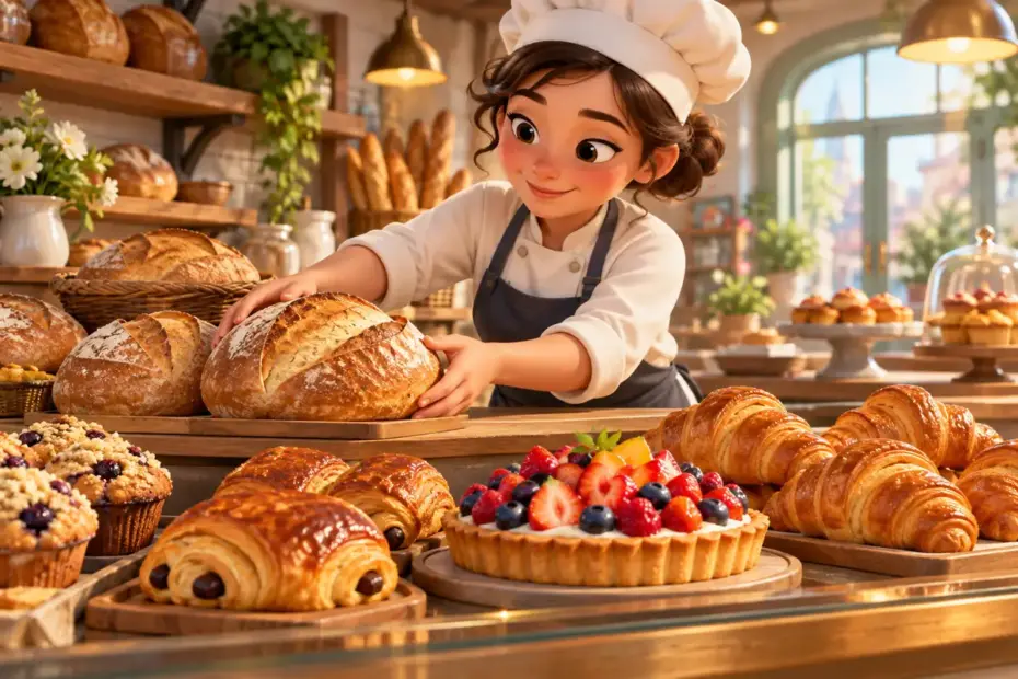 A baker sets fresh bread and pastries into a bright neighborhood bakery display.