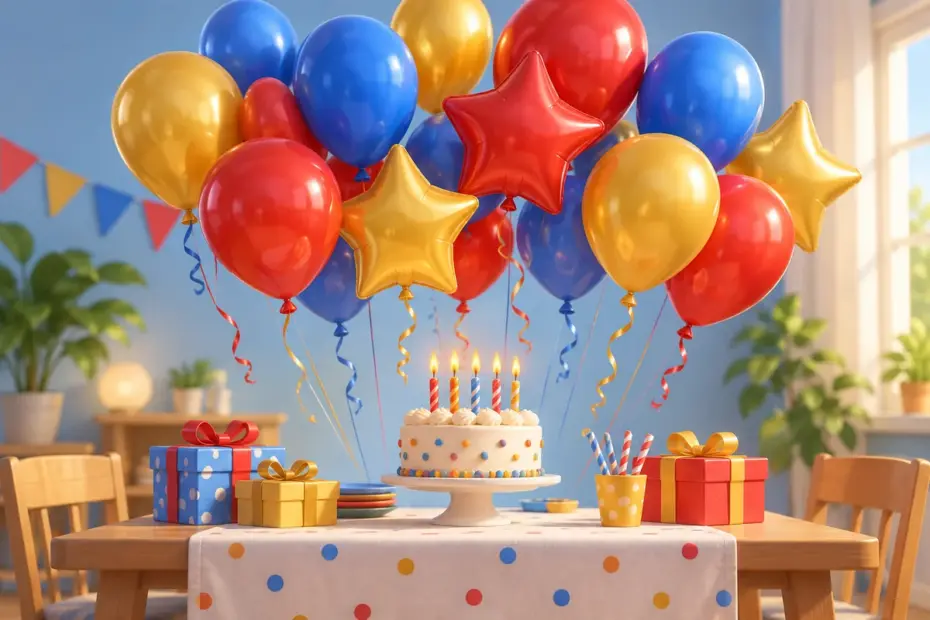 A colorful red, blue, and gold balloon cluster floats above a cheerful birthday table.