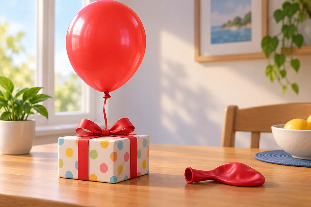 A red balloon is tied by string to a gift while an uninflated balloon rests nearby.