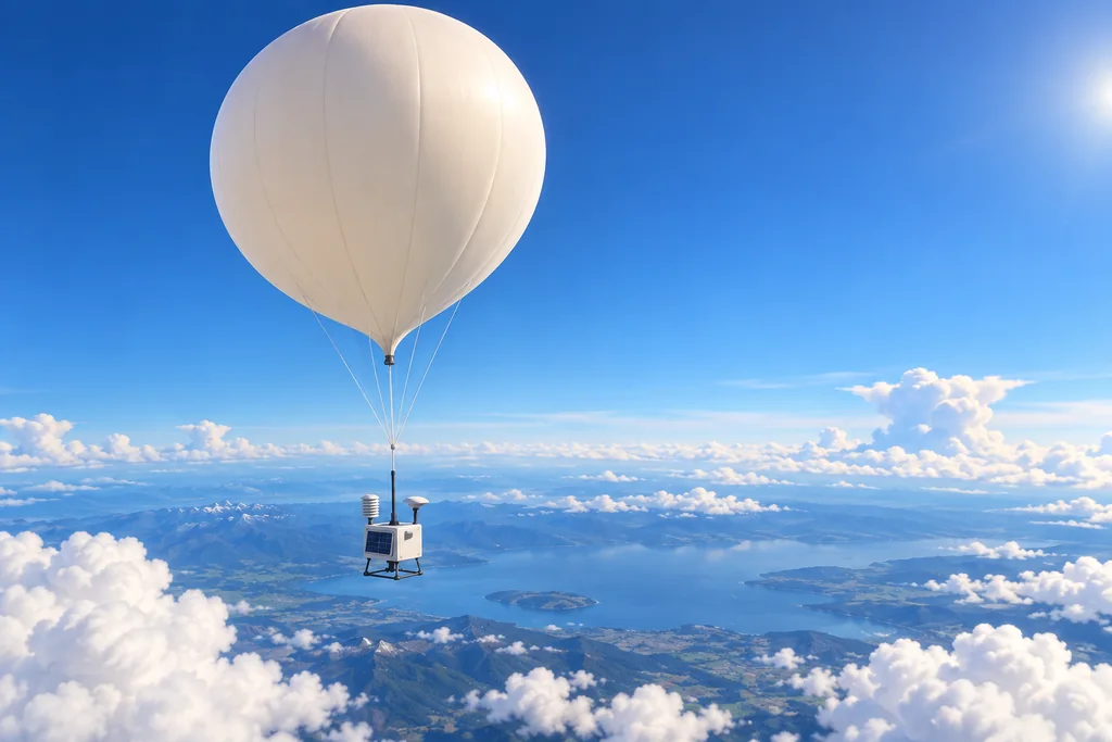 A research weather balloon carries a small instrument package upward into a blue sky.