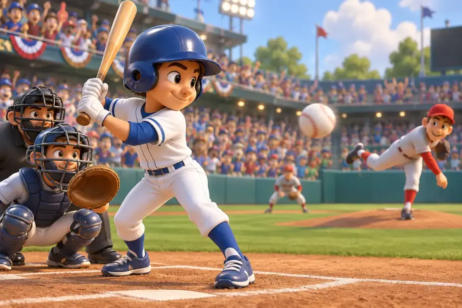 A lively baseball game with a batter, pitcher, and cheering crowd.