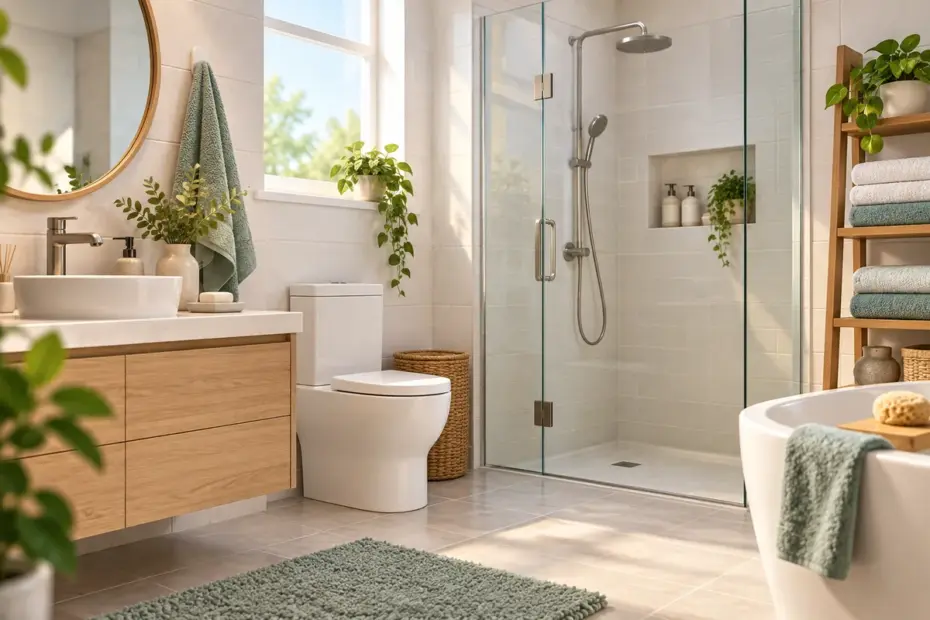A bright modern bathroom has pale tile, a glass shower, folded towels, and a leafy plant.