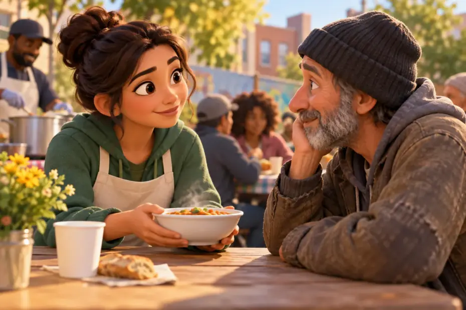A volunteer offers a warm meal and listens attentively to a neighbor at a community table.