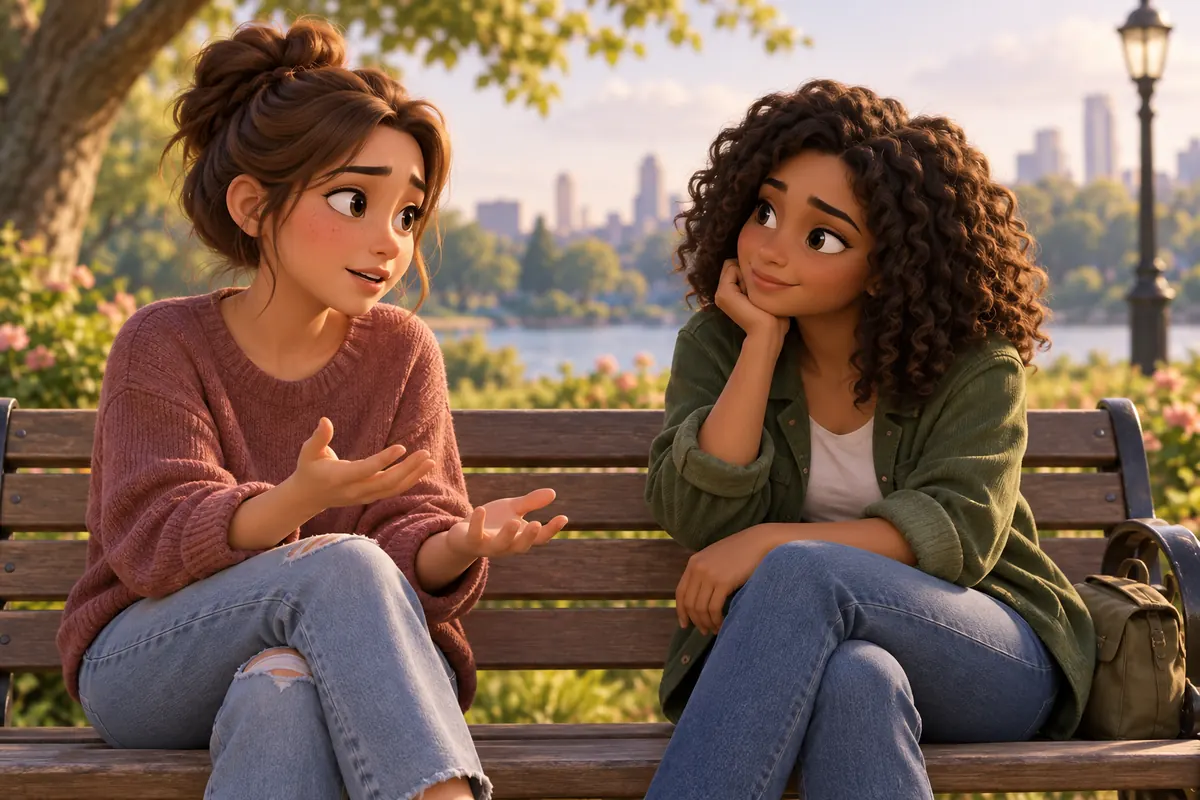 A friend listens with empathy while another person talks through a concern on a park bench.