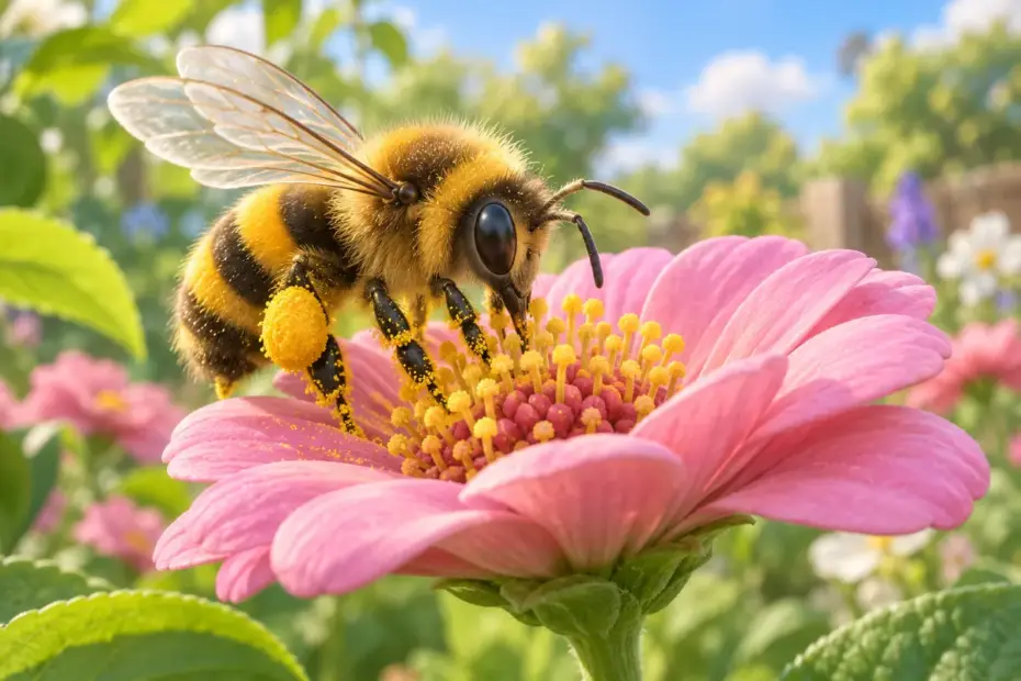 A fuzzy black-and-gold bee visits a pink flower in a sunny garden.