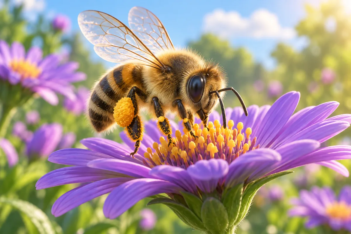 A close view of a fuzzy striped bee carrying pollen on its legs as it visits a purple flower.
