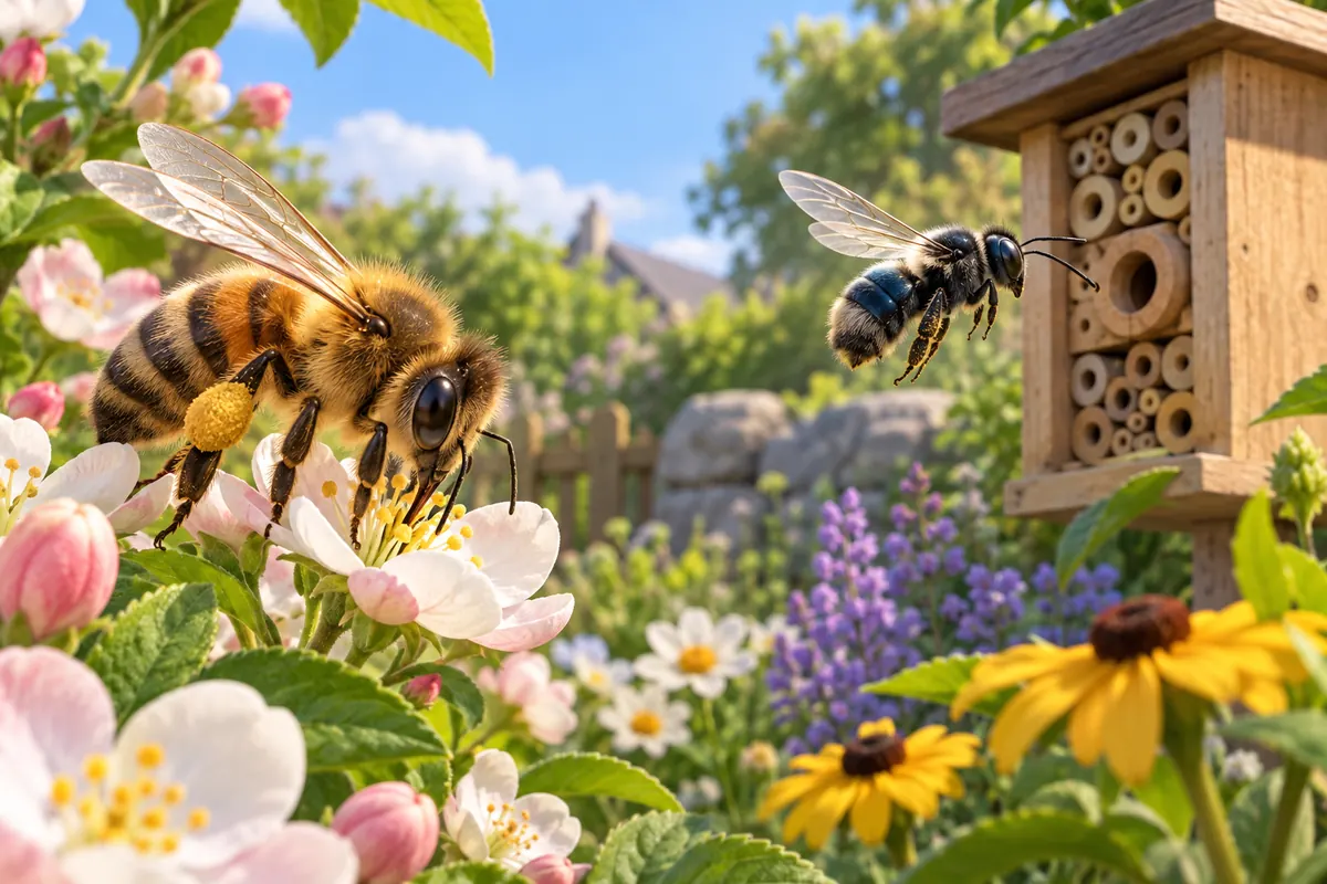 Several bees visit small blossoms in a garden, with one bee returning toward a nest box.