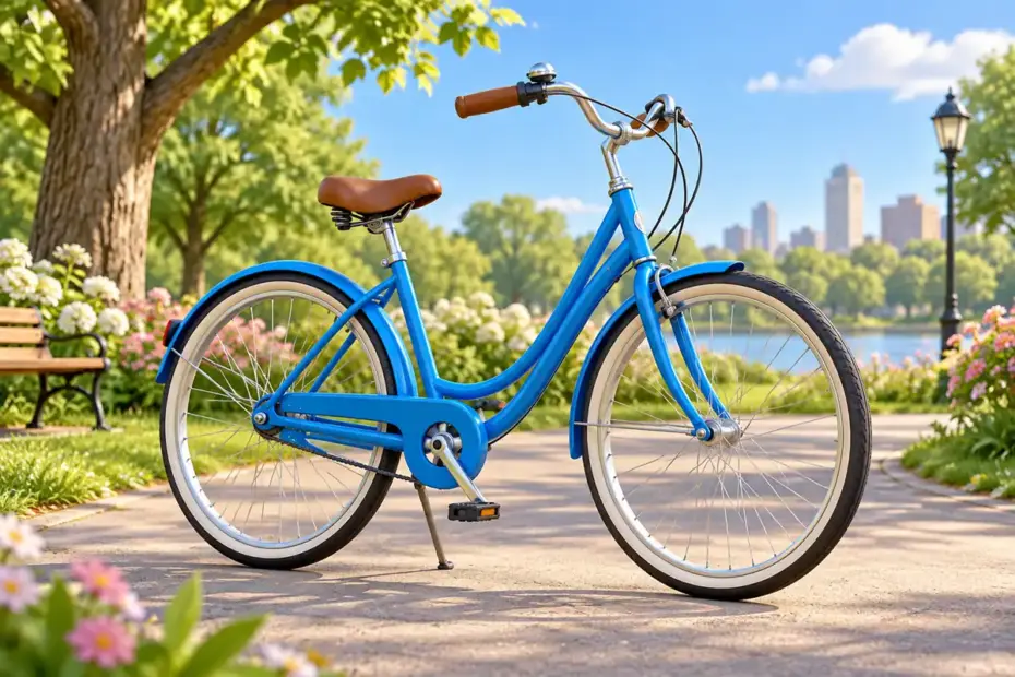 A bright blue bicycle stands on a sunny park path beside green trees.