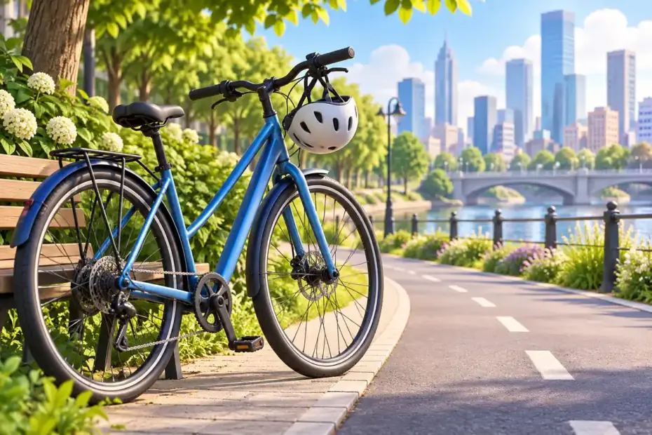 A blue city bicycle stands beside a leafy urban bike path.