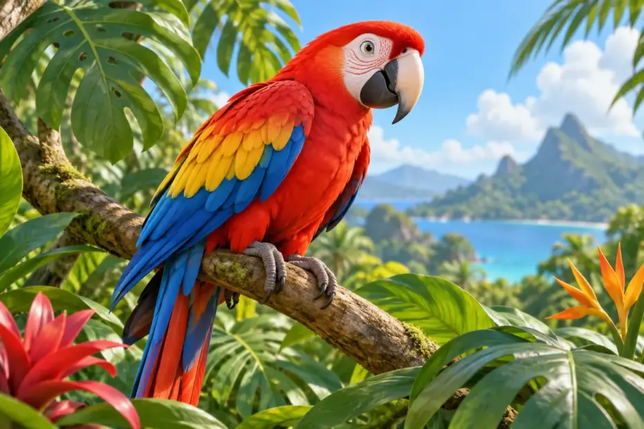 A colorful parrot perches on a branch with layered green leaves behind it.