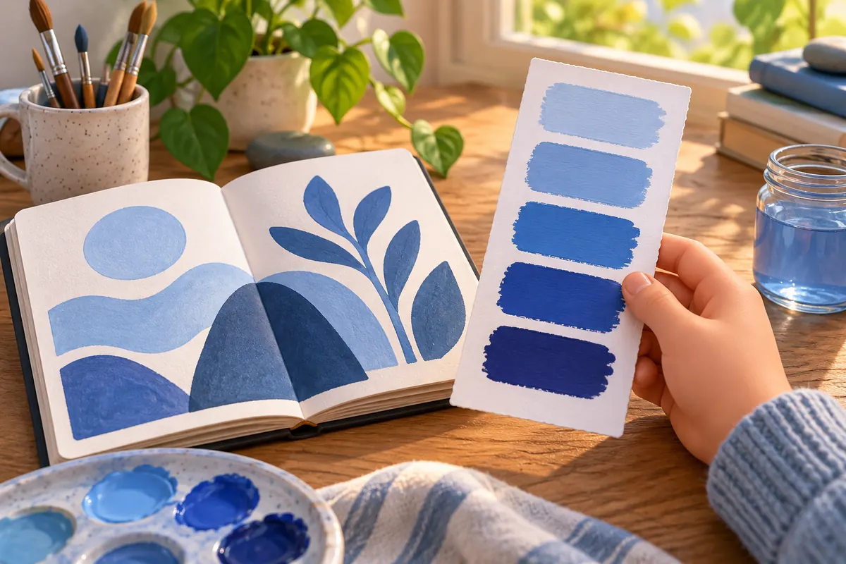 An artist compares several blue paint swatches beside an open sketchbook.