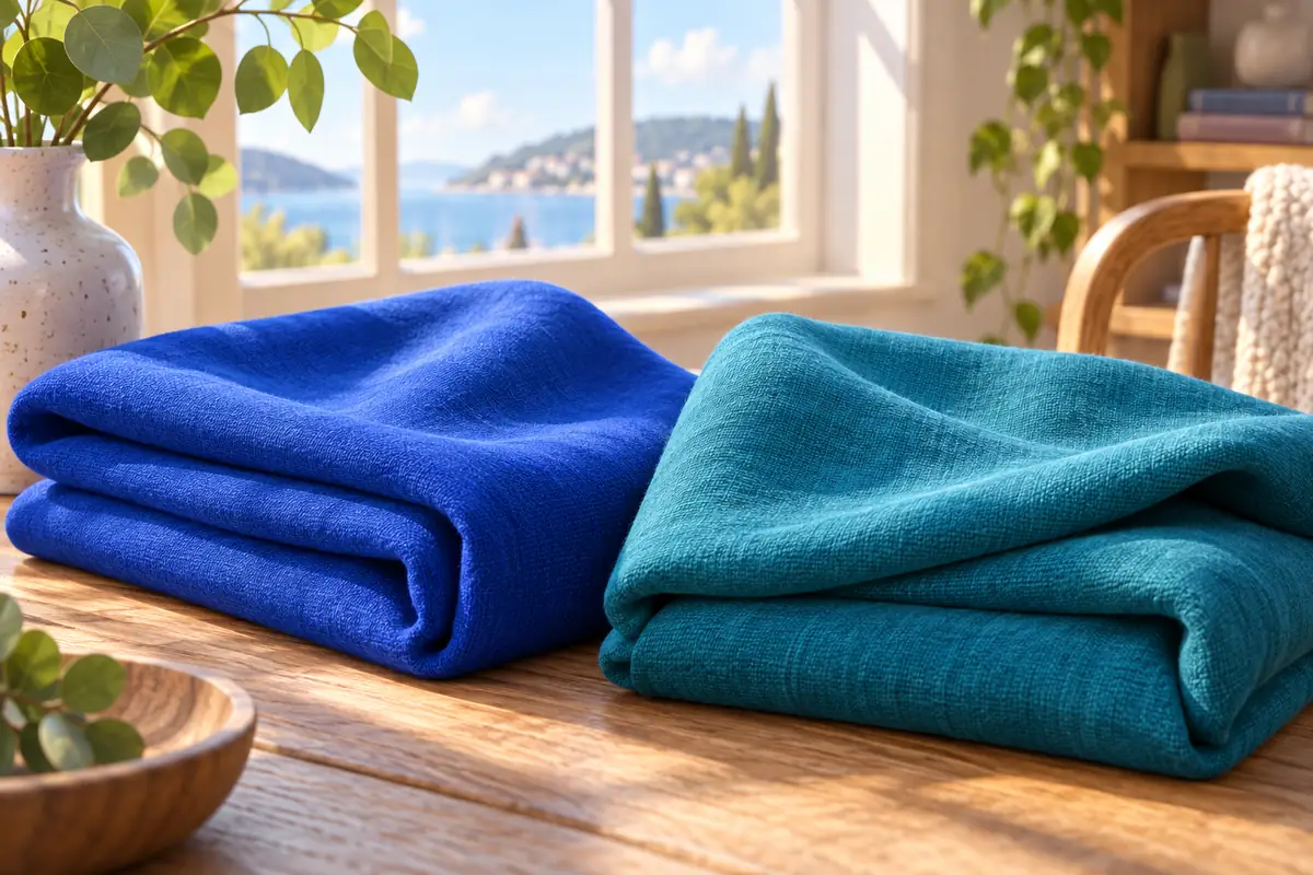 A folded cobalt and teal fabric catches soft daylight near a window.