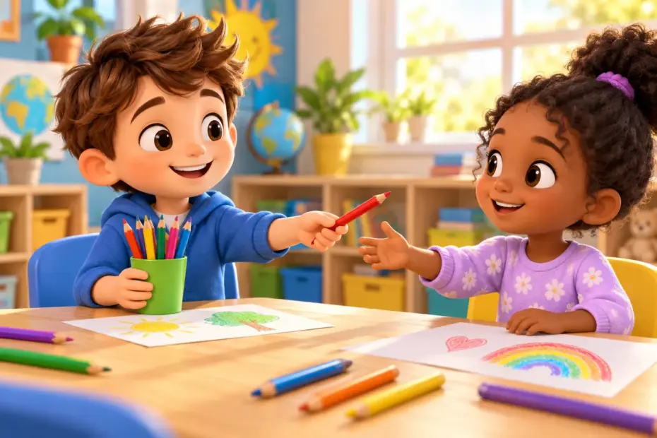 A boy shares pencils with a classmate.