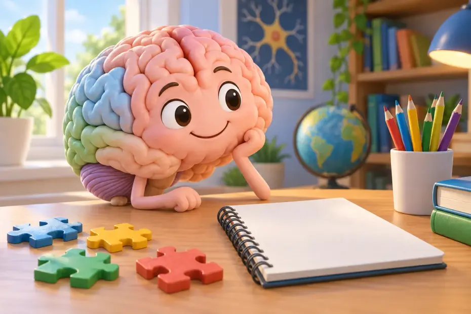 A colorful sculpted brain model sits on a desk beside a puzzle and notebook, representing a complex organ.