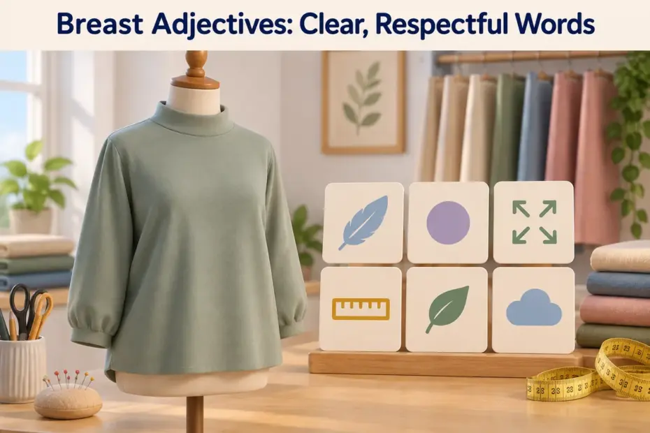 A fully clothed tailor’s mannequin in a plain high-neck shirt stands beside fabric swatches and neutral icon cards.
