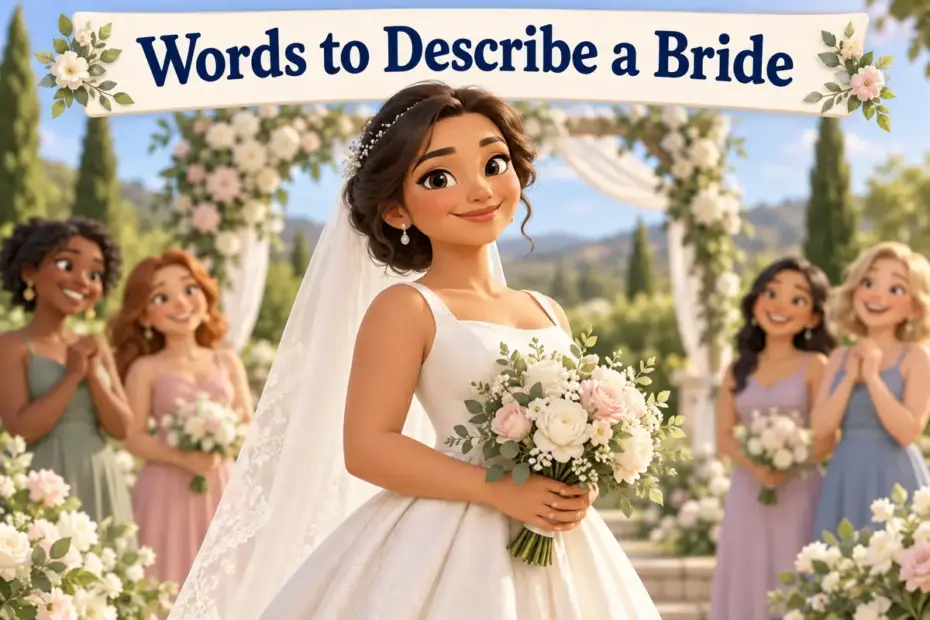 A bride stands confidently with a bouquet at a garden wedding, with friends celebrating softly in the background.